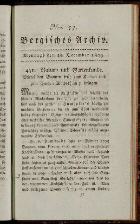 Nro. 51. Bergisches Archiv. Montags den 18. December 1809. - Nro. 52. Bergisches Archiv. Montags den 25. December 1809.