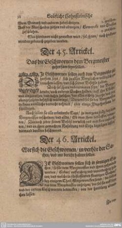 Der 45. Artickel. Das die Geschwornen dem Bergmeister gehorsam seyn sollen.
