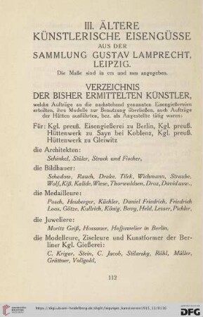 Verzeichnis der bisher ermittelten Künstler