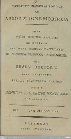 Dissertatio Inauguralis Medica De Absorptione Morbosa