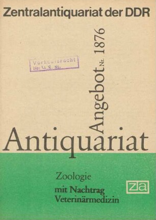 Nr. 1876: Zoologie mit Nachtrag Veterinärmedizin