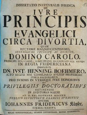 Dissertatio Inavgvralis Ivridica De Ivre Principis Evangelici Circa Divortia