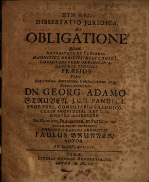 Dissertatio Iuridica. De Obligatione