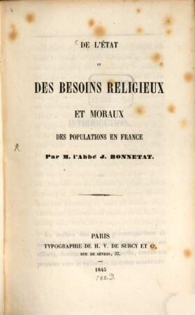 De l'état et des besoins religieux et moraux des populations en France