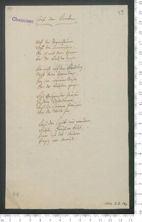 "Auf dem Brocken" ["Im Herabsteigen des Brockens"] [Reinschrift mit variantem Titel gegenüber dem Eintrag ins Hausbuch. Das Blatt wurde vermutlich einem Brief an Antonie von Chamisso beigelegt ]