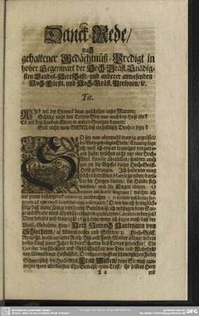 Abdankung : Danck-Rede, nach gehaltener Gedächtnüß-Predigt in hoher Gegenwart der Hoch-Gräfl. Gnädigsten Landes-Herrschafft, und anderer anwesenden Hoch-Fürstl. und Hoch-Gräfl. Personen, [et]c.