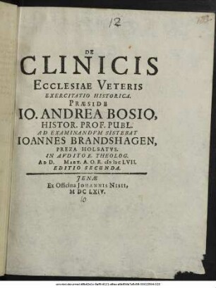 De Clinicis Ecclesiae Veteris Exercitatio Historica