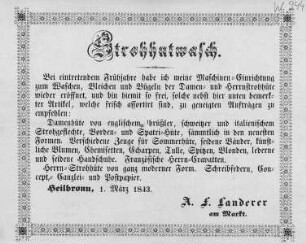 "Strohhutwasch" Werbezettel der Fa. A. F. Landerer