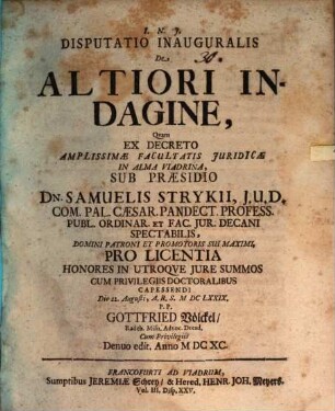 Disputatio Inauguralis De Altiori Indagine