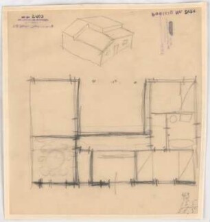 Wettbewerb »Das wachsende Haus« für die Ausstellung »Sonne, Luft und Haus für Alle« 1932 auf dem Messegelände, Berlin-Charlottenburg: Grundriss (Variante), perspektivische Ansicht