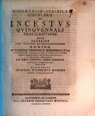 Diss. iur. circularis de incestus quinquennali praescriptione