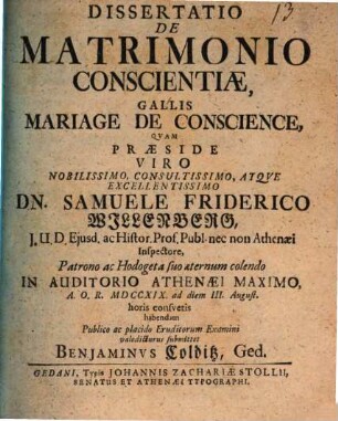 Dissertatio de matrimonio conscientiae, Gallis mariage de conscience