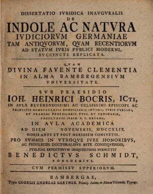 Dissertatio Ivridica Inavgvralis De Indole Ac Natvra Ivdiciorvm Germaniae Tam Antiqvorvm, Qvam Recentiorvm Ad Statvm Ivris Pvblici Moderni, Svccincte Explicata