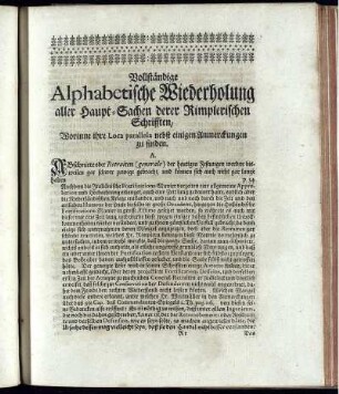 Vollständige Alphabetische Wiederholung aller Haupt-Sachen derer Rimplerischen Schrifften, ...