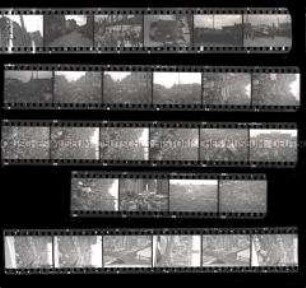Schwarz-Weiß-Negative mit Aufnahmen von der Maifeier 1948 Unter den Linden mit Wilhelm Pieck und Oberst Tjulpanow, Menschenmassen Unter den Linden, Schlossbrücke und Lustgarten von oben
