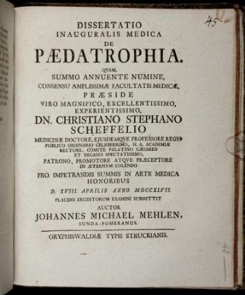 Dissertatio Inauguralis Medica De Pædatrophia : D. XVIII. Aprilis Anno MDCCXLVII.