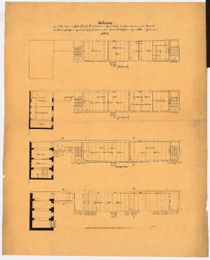Wohn- und Fabrikgebäude Albrecht Soltmann, Berlin-Kreuzberg: 2. Entwurf: Seitenflügel B: Grundriss Keller, EG, 1. OG, 2. OG