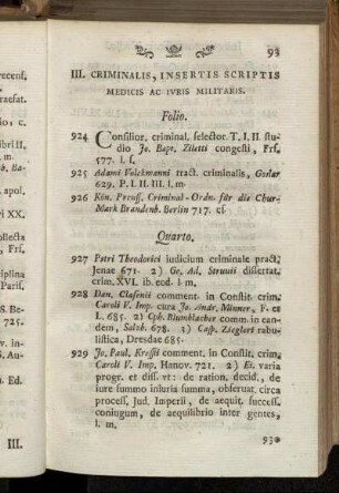 III. Criminalis, insertis scriptis medicis ac iuris militaris.