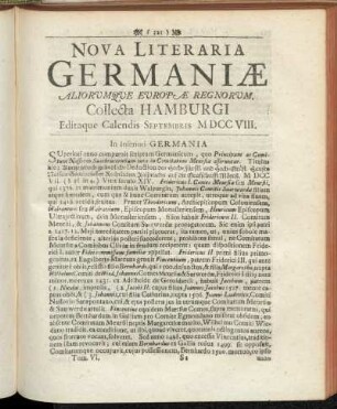 Nova Literaria Germaniæ Aliorumque Europæ Regnorum, Collecta Hamburgi, Editaque Calendis Septembris MDCCVIII.