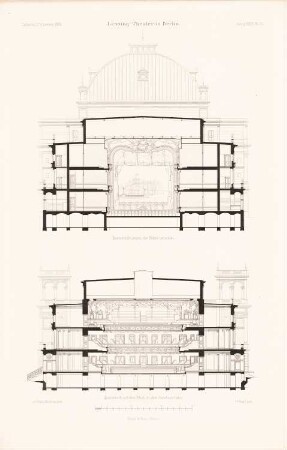 Lessing-Theater, Berlin: Querschnitt durch die Bühne, Querschnitt durch den Zuschauerraum (aus: Atlas zur Zeitschrift für Bauwesen, hrsg. v. Ministerium der öffentlichen Arbeiten, Jg. 39, 1889)