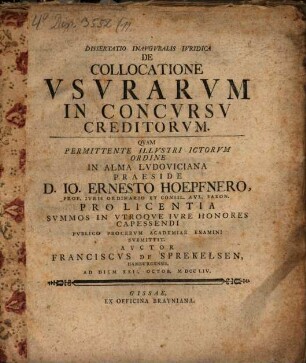Dissertatio Inavgvralis Ivridica De Collocatione Vsvrarvm In Concvrsv Creditorvm
