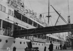 Dampfer mit Landungsbrücke : Blick auf ein Dampfschiff, vermutlich Expeditionsschiff, im Hafen von Antwerpen