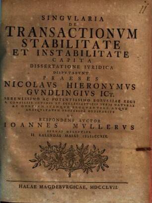 Singularia de transactionum stabilitate et instabilitate capita