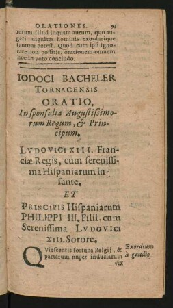 Iodoci Bacheler Tornacensis Oratio, In sponsalia Augustissimorum Regum, & Principum.
