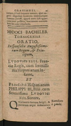 Iodoci Bacheler Tornacensis Oratio, In sponsalia Augustissimorum Regum, & Principum.