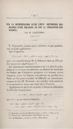 Sur la détermination d'une limite supérieure des racines d'une équation et sur la séparation des racines. [Fortsetzung]