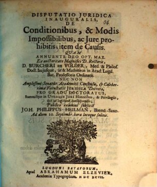 Disp. iur. inaug. de conditionibus et modis impossibilibus ac iure prohibitis