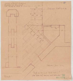 Fischer, Theodor; Planegg bei München (Bayern); Ev. Waldkirche - Abstellräume am Gemeindesaal, seitlicher Abschluss der Bänke (Grundriss, Detail)