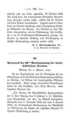 86. Protocoll der 18ten Versammlung der vaterstädtischen Section. : Montag den 2. Februar 1846.