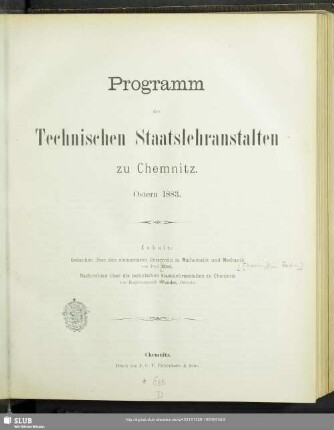 1883: Programm der Technischen Staatslehranstalten zu Chemnitz