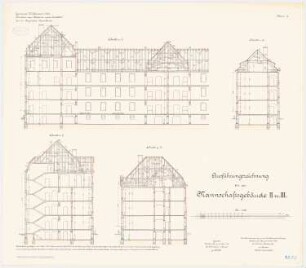 Kavalleriekaserne, Mülhausen: Mannschaftsgebäude II. und III: Längsschnitt, Querschnitt 1:100