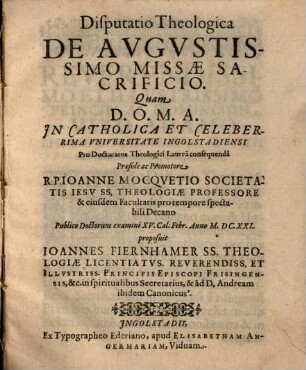Disputatio Theologica De Avgustissimo Missae Sacrificio