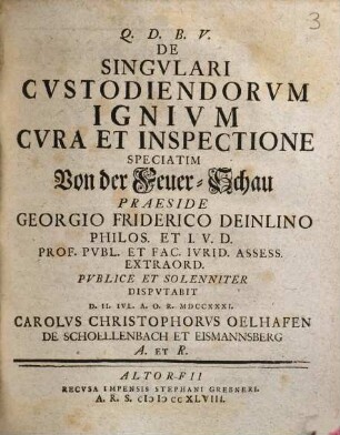 De Singvlari Cvstodiendorvm Ignivm Cvra Et Inspectione Speciatim Von der Feuer-Schau