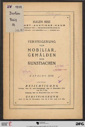 Versteigerung von Mobiliar, Gemälden und Kunstsachen : Versteigerung 15. - 23. Dezember 1924 (Katalog Nr. 27)