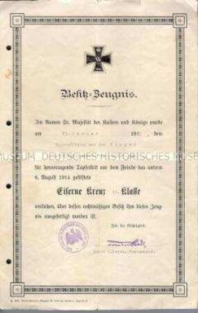 Urkunde zur Verleihung des Eisernen Kreuzes zweiter Klasse an den Unteroffizier Friedrich aus dem Siepen