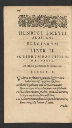 Henrici Smetii Alostani, Elegiarum Liber II.