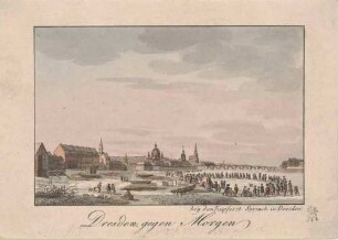 Stadtansicht von Dresden, Blick vom Ausschiffungsplatz am linken Elbfer nach Südwesten auf die Altstadt und die Augustusbrücke im Hintergrund, im Vordergrund Schlittschuhläufer auf der zugefrohrenen Elbe