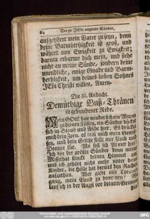 Die III. Andacht. Demüthige Buß-Thränen in gebundener Rede.