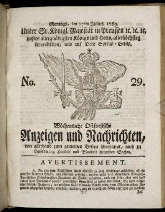No. 29. Montags, den 17ten Julius 1769.