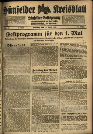 Erste Ausgabe vom Samstag, den 15. April 1933.
