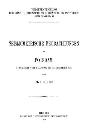 29: Seismometrische Beobachtungen in Potsdam vom 1. Januar bis 31. Dezember 1905