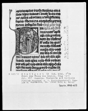 Lateinische Bibel in zwei Bänden für Franz von Gewicz — Initiale P (aulus vocatus) mit Paulus und Sosthenes und einem Briefboten, Folio 257recto