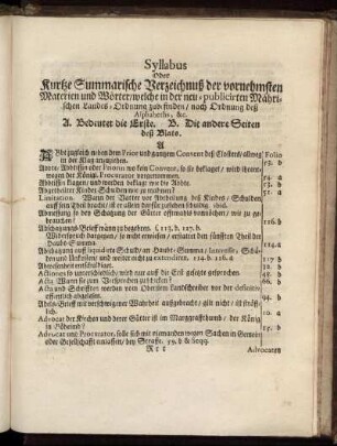 Syllabus Oder Kurtze Summarische Verzeichnuß der vornehmsten Materien und Wörter/ welche in der neu-publicirten Mährischen Landes-Ordnung zu befinden/ nach Ordnung deß Alphabeths, ...