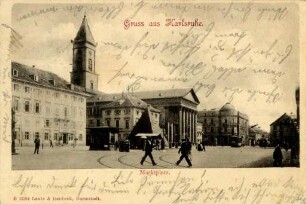 Postkartenalbum August Schweinfurth mit Karlsruher Motiven. "Gruß aus Karlsruhe - Marktplatz"