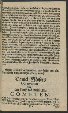 Daniel Mosers Observation dar/ den Lauff des neülichsten Cometen.
