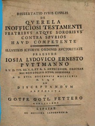 Dissertatio Iuris Civilis De Querela Inofficiosi Testamenti Fratribus Atque Sororibus Contra Spurios Haud Competente